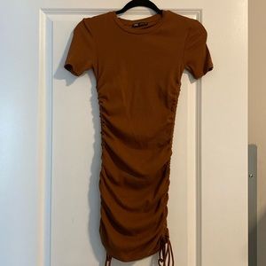 Zara Rust Brown Ruched Short-Sleeve Bodycon Dress